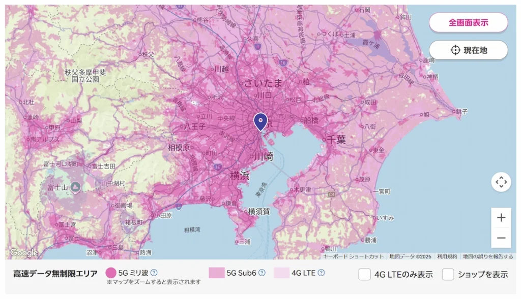 楽天モバイルの通信エリアマップ（東京周辺）。5Gミリ波・5G Sub6・4G LTEの対応範囲を色分け表示