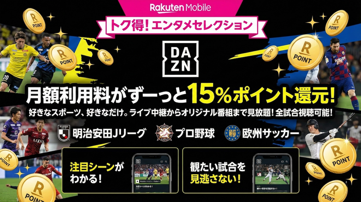 楽天モバイル×DAZNは15%ポイント還元！料金・申し込み手順・注意点まとめ