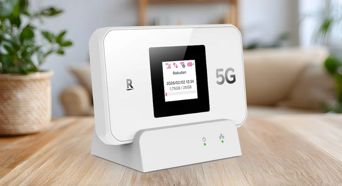 自宅で専用クレードルに設置したRakuten WiFi Pocket 5Gの利用イメージ