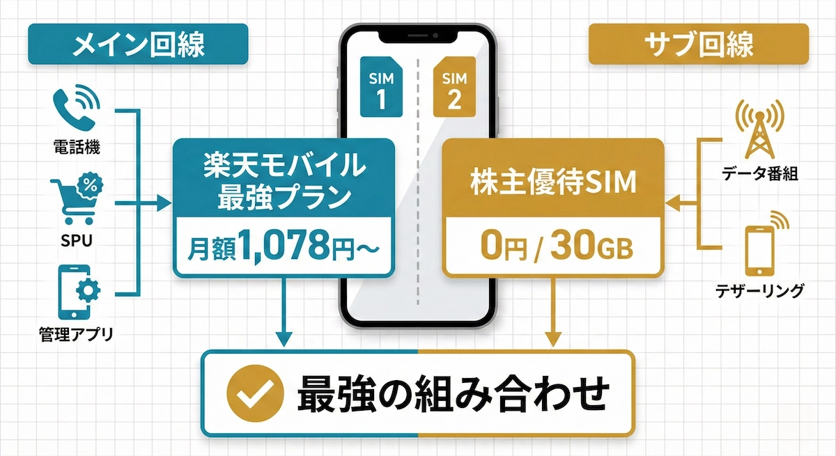 楽天モバイル最強プラン（メイン回線）と株主優待SIM（サブ回線）のデュアルSIM運用イメージ図